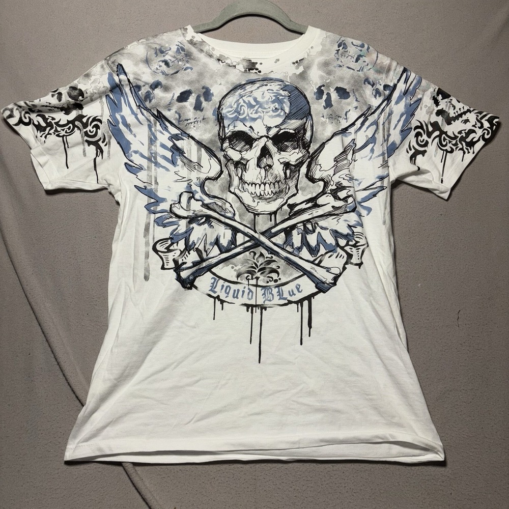 Liquid Blue Men's‎ Skull Print T-Shirt White Medium Short Sleeve Crew Neck Y2k